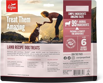 ORIJEN WHOLEPREY Freeze Dried Dog Treats Grass Fed Lamb 3.25oz Bag
