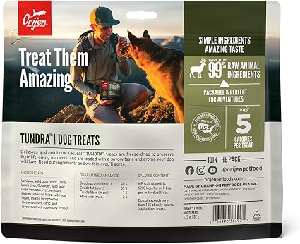 ORIJEN WHOLEPREY Freeze Dried Dog Treats Tundra Recipe 3.25oz Bag
