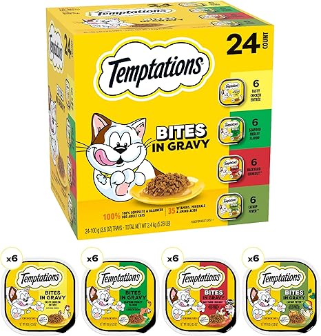 Temptations Bites in Gravy Adult Wet Cat Food Tasty Chicken Entree, Seafood Medley, Backyard Cookout, and Catnip Fever, 3.5 oz. Trays