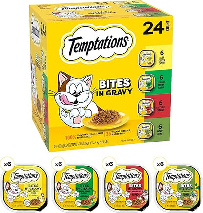 Temptations Bites in Gravy Adult Wet Cat Food Tasty Chicken Entree, Seafood Medley, Backyard Cookout, and Catnip Fever, 3.5 oz. Trays