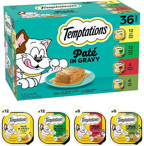 Temptations Pate in Gravy Adult Wet Cat Food Tasty Chicken Entree, Seafood Medley, Backyard Cookout, and Catnip Fever, 3.5 oz. Trays (36 Count, Pack of 1)