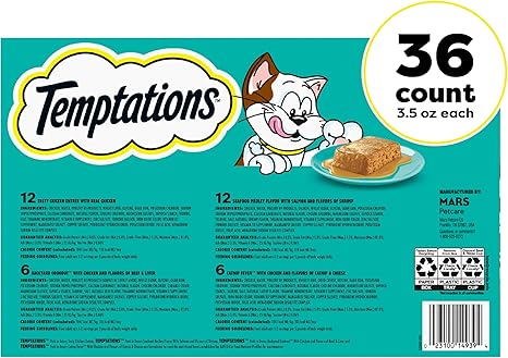 Temptations Pate in Gravy Adult Wet Cat Food Tasty Chicken Entree, Seafood Medley, Backyard Cookout, and Catnip Fever, 3.5 oz. Trays (36 Count, Pack of 1)