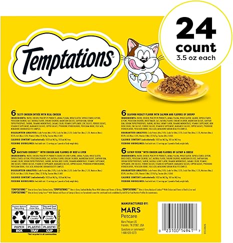 Temptations Bites in Gravy Adult Wet Cat Food Tasty Chicken Entree, Seafood Medley, Backyard Cookout, and Catnip Fever, 3.5 oz. Trays
