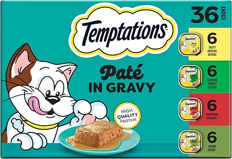 Temptations Pate in Gravy Adult Wet Cat Food Tasty Chicken Entree, Seafood Medley, Backyard Cookout, and Catnip Fever, 3.5 oz. Trays (36 Count, Pack of 1)