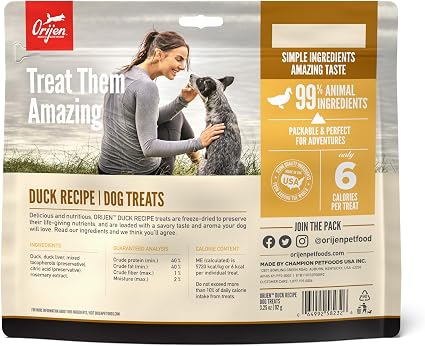 ORIJEN WHOLEPREY Freeze Dried Dog Treats Free Run Duck 3.25oz Bag