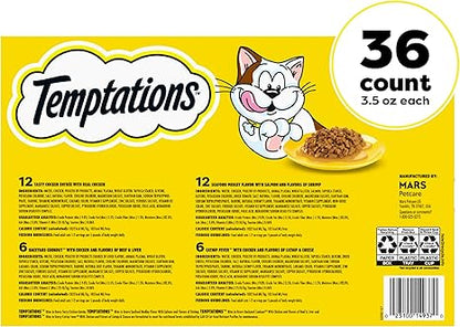Temptations Bites in Gravy Adult Wet Cat Food Tasty Chicken Entree, Seafood Medley, Backyard Cookout, and Catnip Fever, 3.5 oz. Trays (36 Count, Pack of 1)