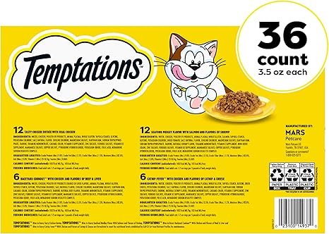 Temptations Bites in Gravy Adult Wet Cat Food Tasty Chicken Entree, Seafood Medley, Backyard Cookout, and Catnip Fever, 3.5 oz. Trays (36 Count, Pack of 1)