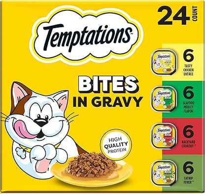 Temptations Bites in Gravy Adult Wet Cat Food Tasty Chicken Entree, Seafood Medley, Backyard Cookout, and Catnip Fever, 3.5 oz. Trays