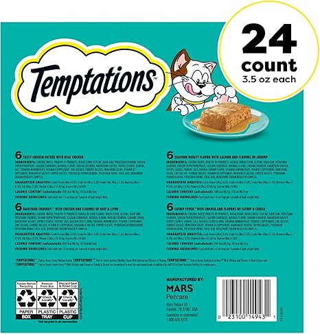 Temptations Pate in Gravy Adult Wet Cat Food Tasty Chicken Entree, Seafood Medley, Backyard Cookout, and Catnip Fever, 3.5 oz. Trays