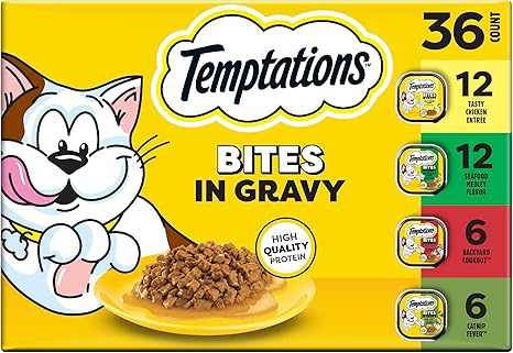 Temptations Bites in Gravy Adult Wet Cat Food Tasty Chicken Entree, Seafood Medley, Backyard Cookout, and Catnip Fever, 3.5 oz. Trays (36 Count, Pack of 1)