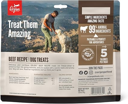 ORIJEN WHOLEPREY Freeze Dried Dog Treats Ranch-Raised Beef 3.25oz Bag