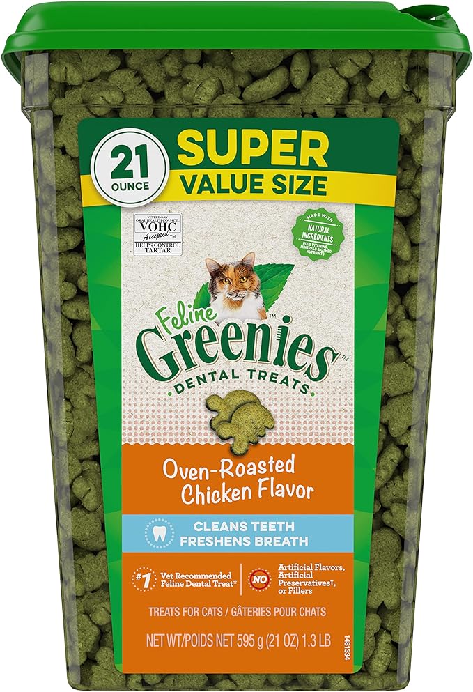 Greenies Feline Adult Natural Dental Care Cat Treats Oven Roasted Chicken Flavor, 21 oz