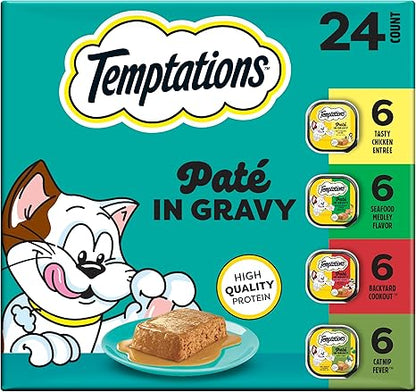 Temptations Pate in Gravy Adult Wet Cat Food Tasty Chicken Entree, Seafood Medley, Backyard Cookout, and Catnip Fever, 3.5 oz. Trays