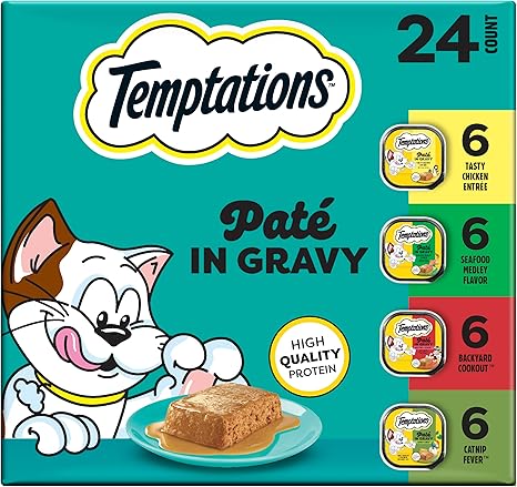 Temptations Pate in Gravy Adult Wet Cat Food Tasty Chicken Entree, Seafood Medley, Backyard Cookout, and Catnip Fever, 3.5 oz. Trays