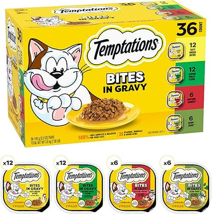 Temptations Bites in Gravy Adult Wet Cat Food Tasty Chicken Entree, Seafood Medley, Backyard Cookout, and Catnip Fever, 3.5 oz. Trays (36 Count, Pack of 1)