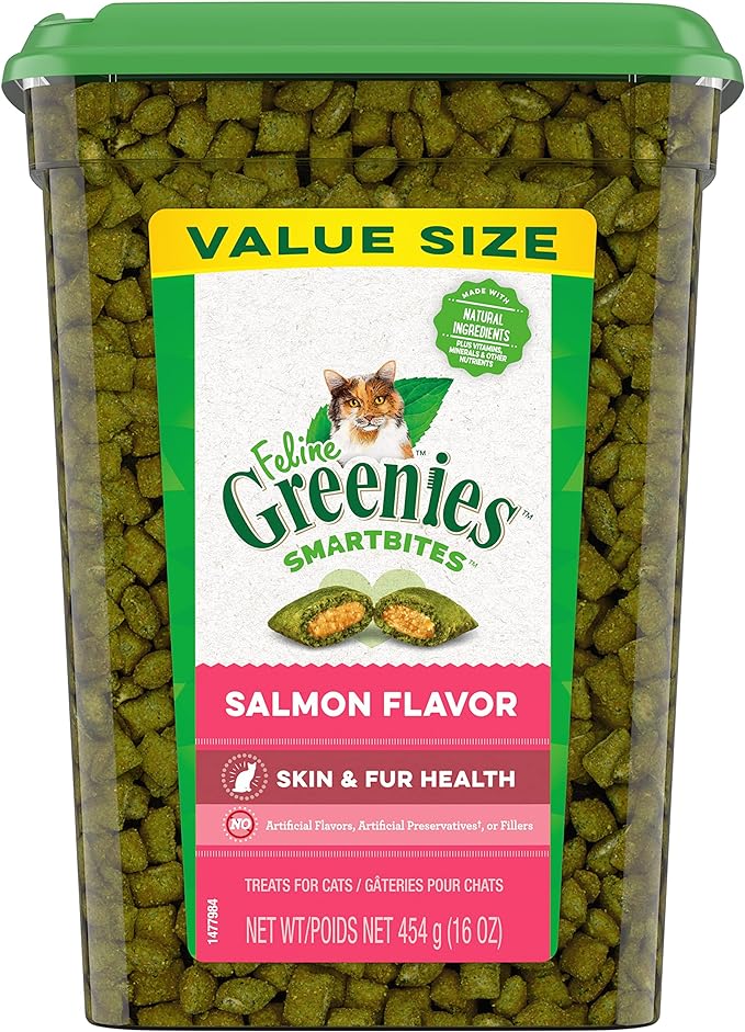 Greenies Feline Smartbites Skin & Fur Crunchy and Soft Textured Adult Natural Cat Treats, Salmon Flavor, 16 oz